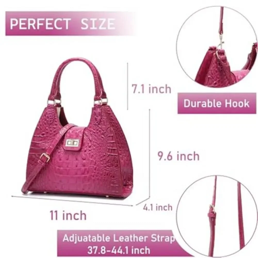 Ladies Tote Dark Pink Vegan Leather Bags Crocodile Embossed Zipper Satchel Purse